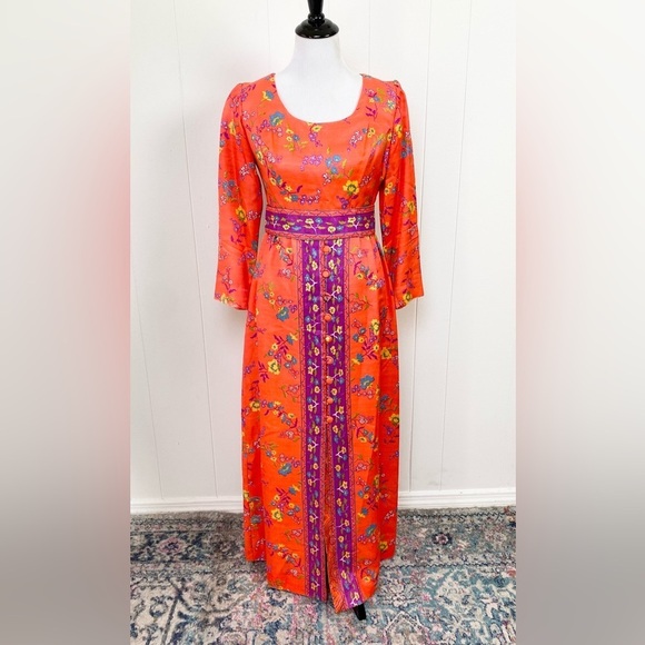 Vintage Dresses & Skirts - Size XS Orange Purple Vibrant Maxi Dress VTG 60s 70s Gogo Mod Boho Hippie Floral